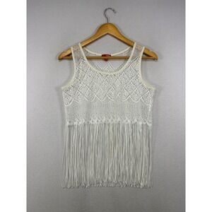Boho Festival Bongo Women Sm Ivory Crochet Lace Long Fringe Sleeveless Tank Top